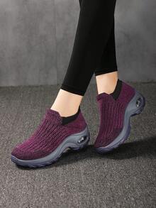 Women's Mixed Knit Slip-On Sneakers, Cushioned Shock-Absorbing Walking Shoes, Contrast Color Trim Athletic Shoes - Purple - View 3