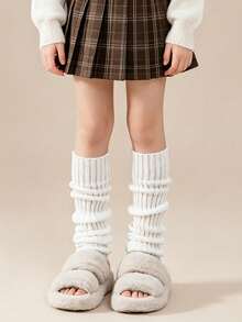 1 Pair Girls Solid Color Ruffle Trim Knit Spring Autumn All Season Leg Warmers, Basic Style Girls Slouch Leg Warmers, Suitable For Children's Daily Wear - White - View 1
