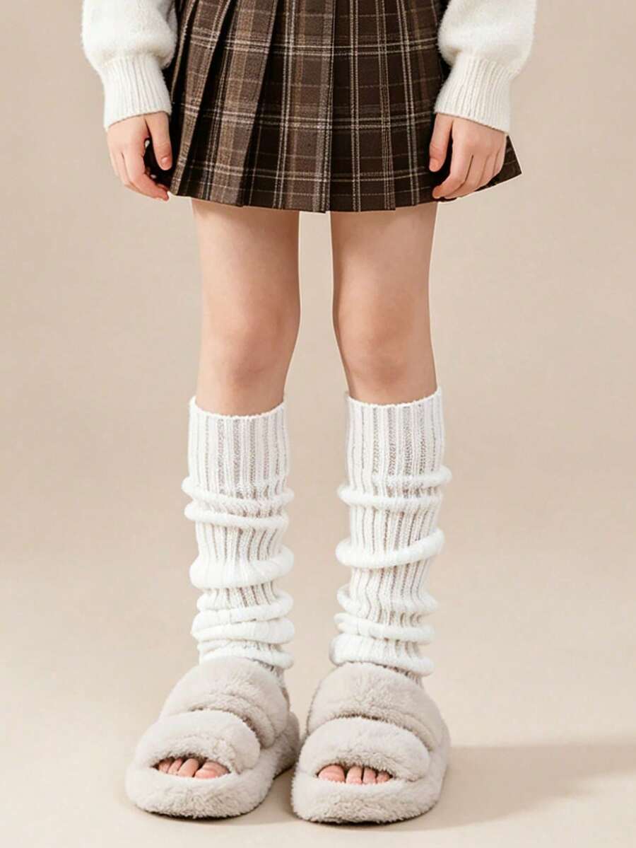 1 Pair Girls Solid Color Ruffle Trim Knit Spring Autumn All Season Leg Warmers, Basic Style Girls Slouch Leg Warmers, Suitable For Children's Daily Wear - White - View 1