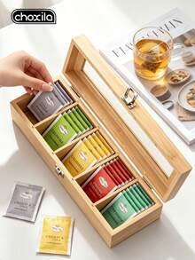 choxila 1Pc Wooden Tea Bag Storage Box, Compartment Desktop Sundries Organizer Flip Cover Storage Rack For Office Coffee Tea Storage - Wooden Tea Bag Storage Box - View 1