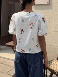 女款休閒時尚夏季法式立領彩色鈕扣短版上衣，度假白色 - 白色 - 查看 4