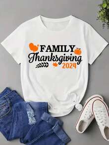 Thanksgiving Family T-Shirt - Crew Neck Short Sleeve Casual Tee with Slight Stretch, alphabet Letter Print, Knit Fabric Pullover for Spring/Summer Tee For adult, Men, Women, Teen, Teenager, adolescent, Youth - Blanco - Ver 2