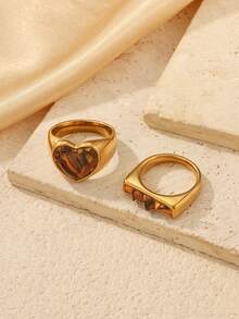 2pcs Stainless Steel Gold-Tone Heart-Shaped Rings With Brown Resin Inlay, Rectangular Polished Surface, Fashion Minimalist Style, Suitable For Women's Daily Wear Or Gift - Yellow Gold - View 3