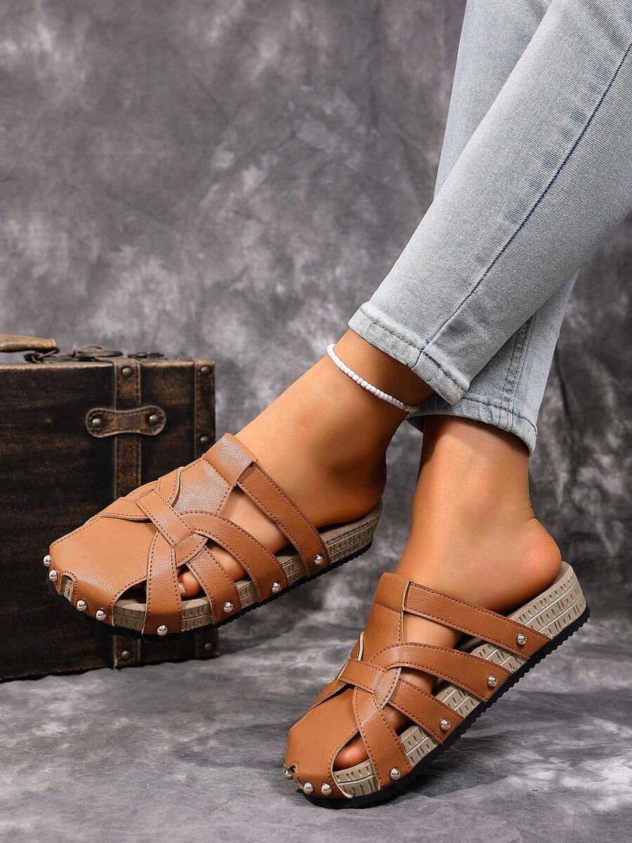 Unisex Plus Size Striped Rivet Flat Sandals, Summer Casual Style, Comfortable Lightweight Backless Slides For Daily Wear - Brown - View 1