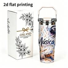 1pc/5pcs 30oz Double Wall Stainless Steel Insulated Tumbler, Music Symbol Pattern, Keeps Cold And Hot Temperatures. Comes With Leak-Proof Lid, Straw And Portable Handle, Suitable For Coffee And Water, Travel Use, Music Theme Gift For Music Lovers. - White - Guitar - View 11