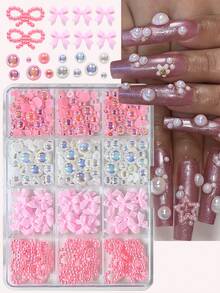 12 cuadrículas/Caja Encantos de Uñas 3D Dulces Mezcla de Perlas&Resina Lazo Tamaños Mixtos Blanco/Rosa Aurora Media Perla Lazo Arte de Uñas DIY Kawaii Perla Lazo Partes de Manicura - Multicolor - Ver 8