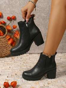 Women's  Chunky Low Heel Chelsea Booties, Platform Ankle Boots With Elastic Panels - Black - View 3