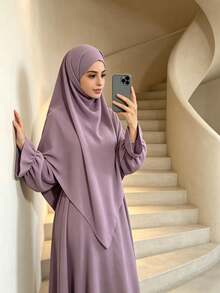 Solid Purple Loose Abaya With Attached Hijab, Ruffled Cuff Long Sleeve Modest Jilbab Maxi Dress, Elegant Islamic Daily Prayer Outfit For Muslim Women - Multicolor - View 3