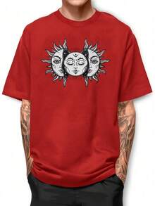 Camiseta Básica de Algodón con Cuello Redondo, Diseño de Luna y Eclipse Solar - Rojo - Ver 1