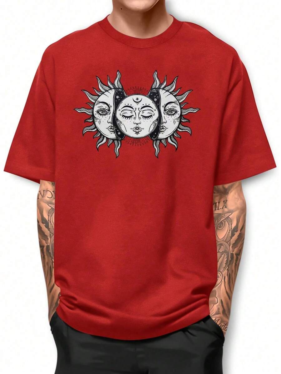 Camiseta Básica de Algodón con Cuello Redondo, Diseño de Luna y Eclipse Solar - Rojo - Ver 1