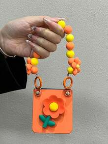 New Fashion 3D Floral Orange Phone Case, Compatible With Samsung Galaxy ZFlip 8 Z Z Flip6 ZFlip 5 Z Flip4 ZFlip 3, Shockproof Hard Shell Back Cover, With Floral Beaded Wrist Strap - Orange - View 4
