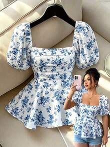 xuehuamaoyi02  Nueva blusa elegante casual con cuello cuadrado, mangas abullonadas, cintura ceñida y bajo con volantes con estampado floral di - Amarillo - Ver 2