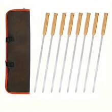 8 brochettes de barbecue en acier inoxydable avec manches en bois et sac de transport, ustensiles de cuisine multifonctionnels pour l'extérieur - défaut - Voir 4