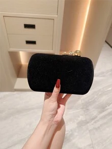 1 Peça Bolsa Clutch de Decoração Sereia Metálica Brilhante de Design de Alto Padrão, Bolsa Mini Feminina de Caixa Dourada Vintage Luxuosa e Cintilante, Elegante, Charmosa, Requintada, Bolsa de Festa da Noite para Casamento/Festa Formal com Tema/Baile/Festa de Coquetel/Festa de Aniversário, Acompanha Corrente - Preto - Visão 7