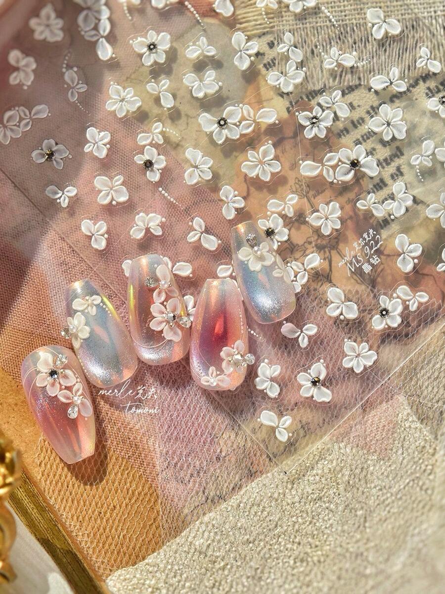 5D Embossed White Flower Nail Stickers, Transparent Mini Cherry Blossom With Rhinestone Pearl Self-Adhesive Nail Decals, Essential Manicure Supplies For Nail Technicians, Exquisite DIY Decor Gift For Women Fall Daily Salon Manicure, 1pc - White - View 1