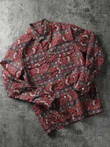 American Retro Geometric Totem Print Button Long Sleeve Pocket Lapel Jacket - Burgundy - View 2