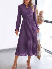 PRETTYGARDEN Women's Spring Fall Midi Dress Casual Long Sleeve V Neck Swiss Dot Pleated A Line Flowy Dresses New Years Party Valentine Vacation Dresses For Women - 深紫 - 查看 5