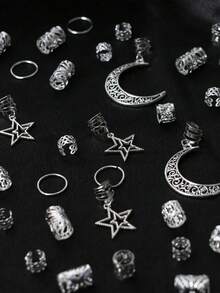 45pcs Women's Braided Hair Ties, Moon And Star Braided Hair Clips, Fashion Personalized Hair Accessories, Suitable For Summer Beach Vacation, Hair Clips, Y2K, Headwear, Bohemian Style,Hair Claws - Silver - View 3