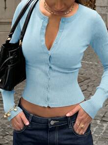 Women's Casual Fashion Light Blue Round Neck Long Sleeve Waist Fitted Knit Cardigan, Spring/Autumn Vacation - Light Blue - View 1