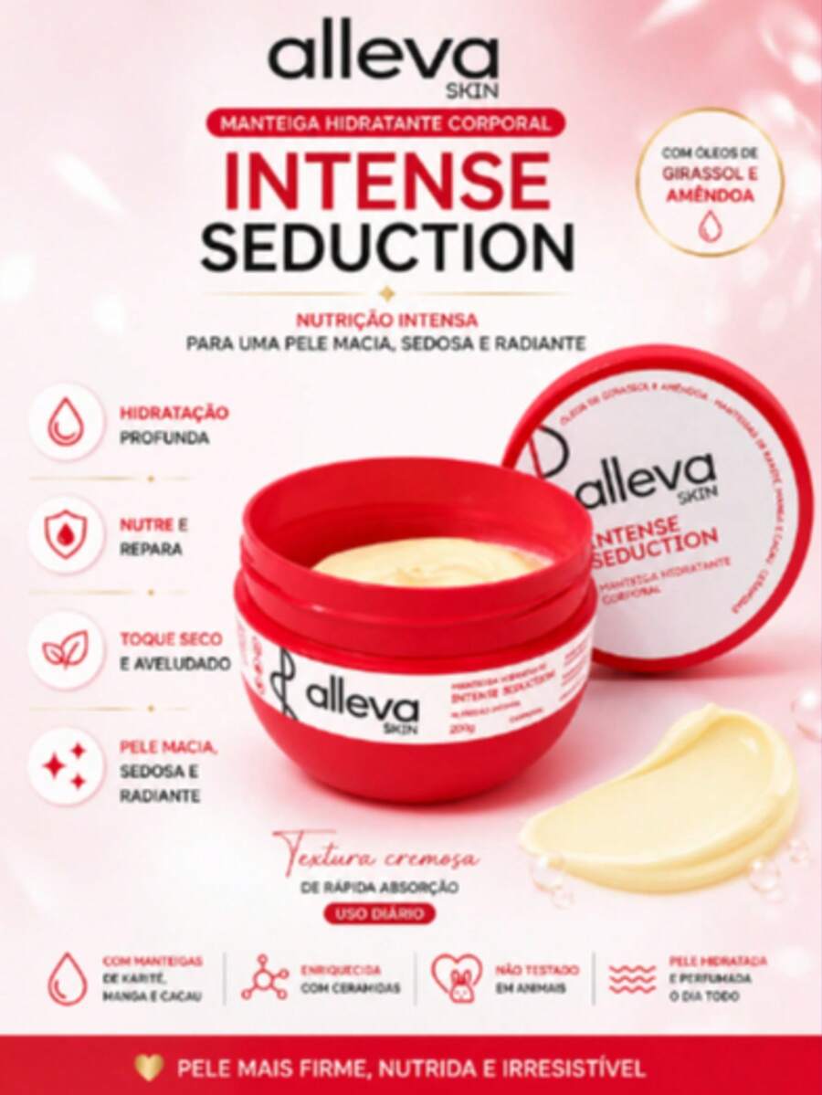 Manteiga Hidratante Corporal Alleva Intense Seduction 200g Nutrição Profunda Pele Macia Perfumada Hidratação Intensa - Manteiga de Karité - Visão 1