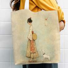 1pc Vintage Print Tote Bag For Women, Fixed Strap Dog Companion Shoulder Bag, Durable Unlined Shopping Bag, Fade-Resistant, Suitable For Shopping And Gift Giving,Room Decor,Travel Essential - Multicolor - View 5