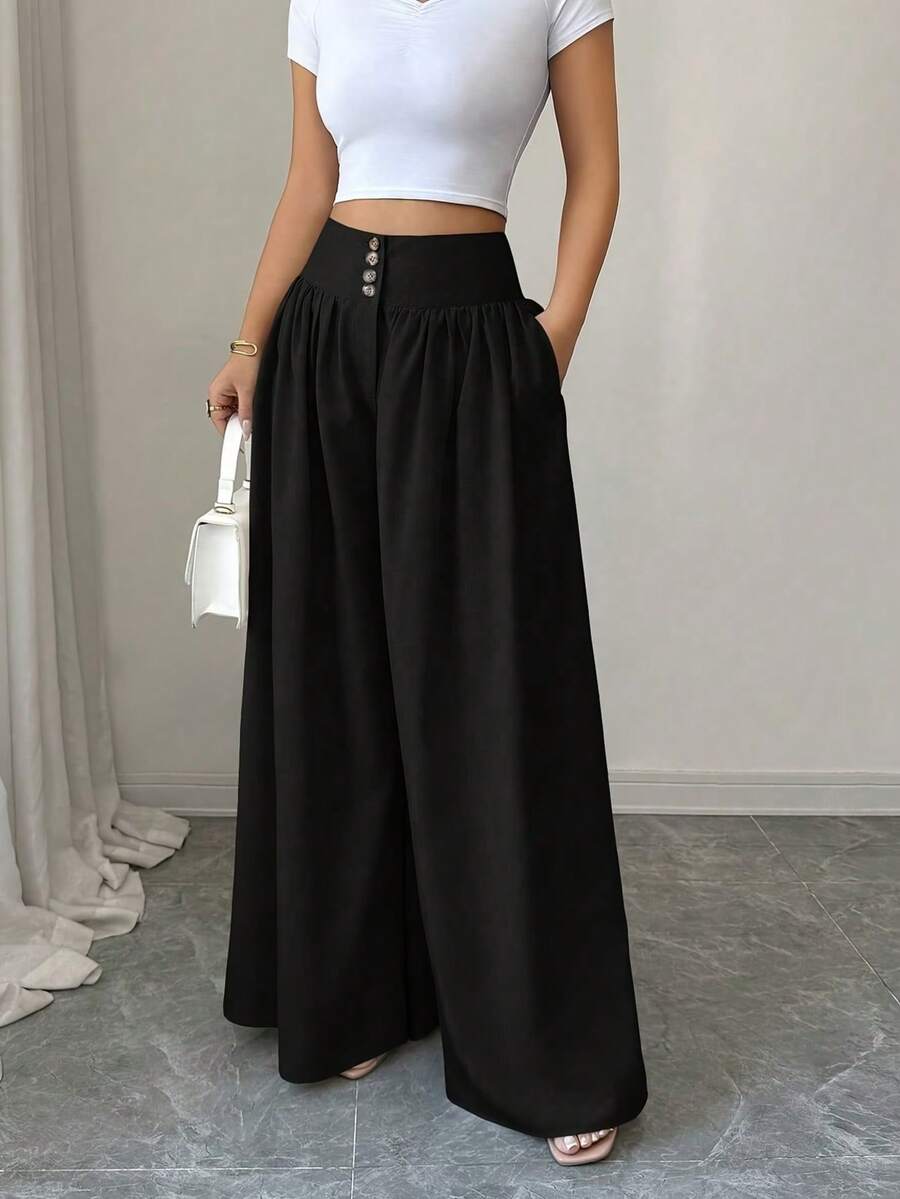 Plus Size Women's Elegant Button Wide Leg Pants With Pockets Loose Draped Wide Leg Trousers - Black - View 1