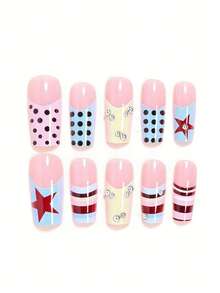 Decorate Your Nails In Y2K Style! 24PCS Medium Square Shape Fashionable Fresh Pink & Blue Contrast Wide French Pattern Polka Dot Design Press-On Nails Y2K Hot Girl Style Colorful Striped Design 3D Metallic Steel Ball Burgundy Star Pattern Polka Dot Nails, Includes One Sheet Of Jelly Glue And One Nail File (Jelly Glue Sent Randomly), Suitable For Women And Girls To Use In Dating, Gatherings, Parties And Other Occasions - Multicolor - View 4