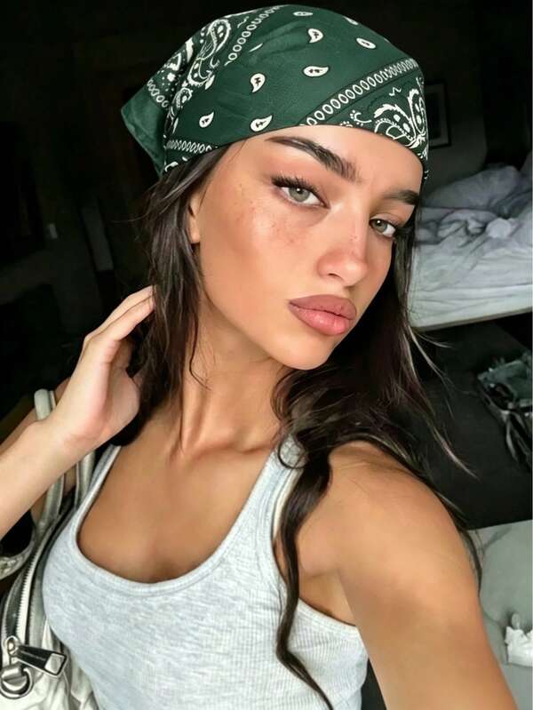 1件時尚佩斯利印花新穎優雅手帕頭巾牛仔波希米亞風四季通用正方形圍巾