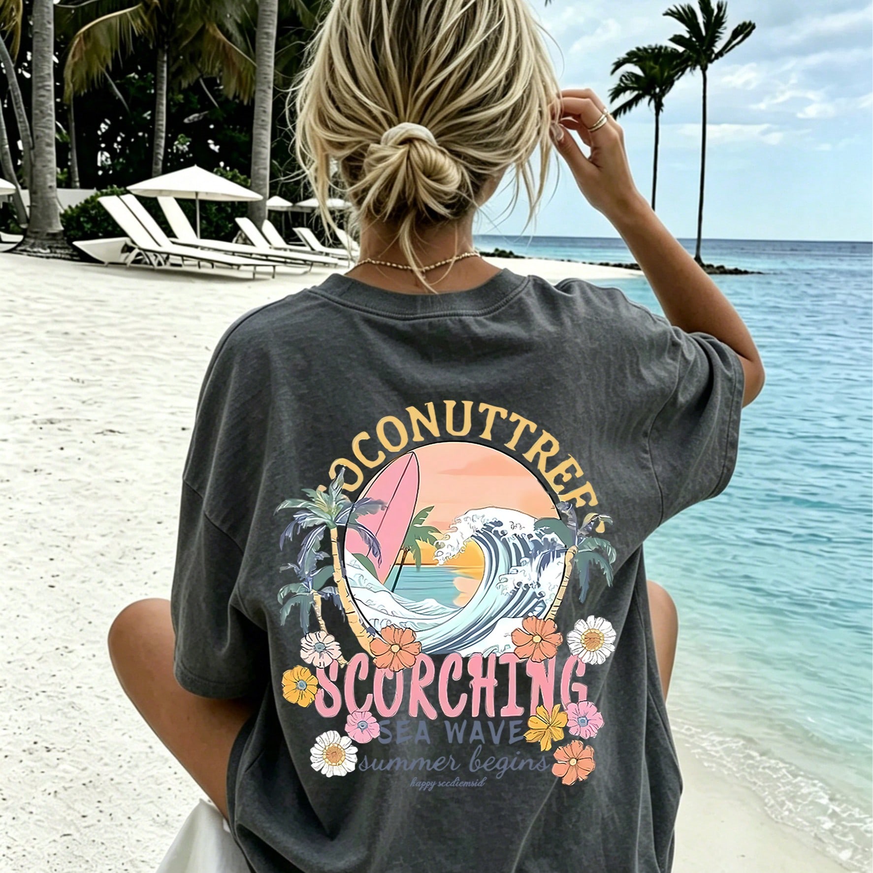 Pieza Camiseta de manga corta con estampado tropical para niñas preadolescentes, top de verano para niños estudiantes jóvenes, atuendo casual INS p