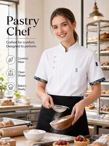 1 pieza Uniforme de chef de lino unicolor casual, blanco amigable con la piel - Blanco - Ver 7