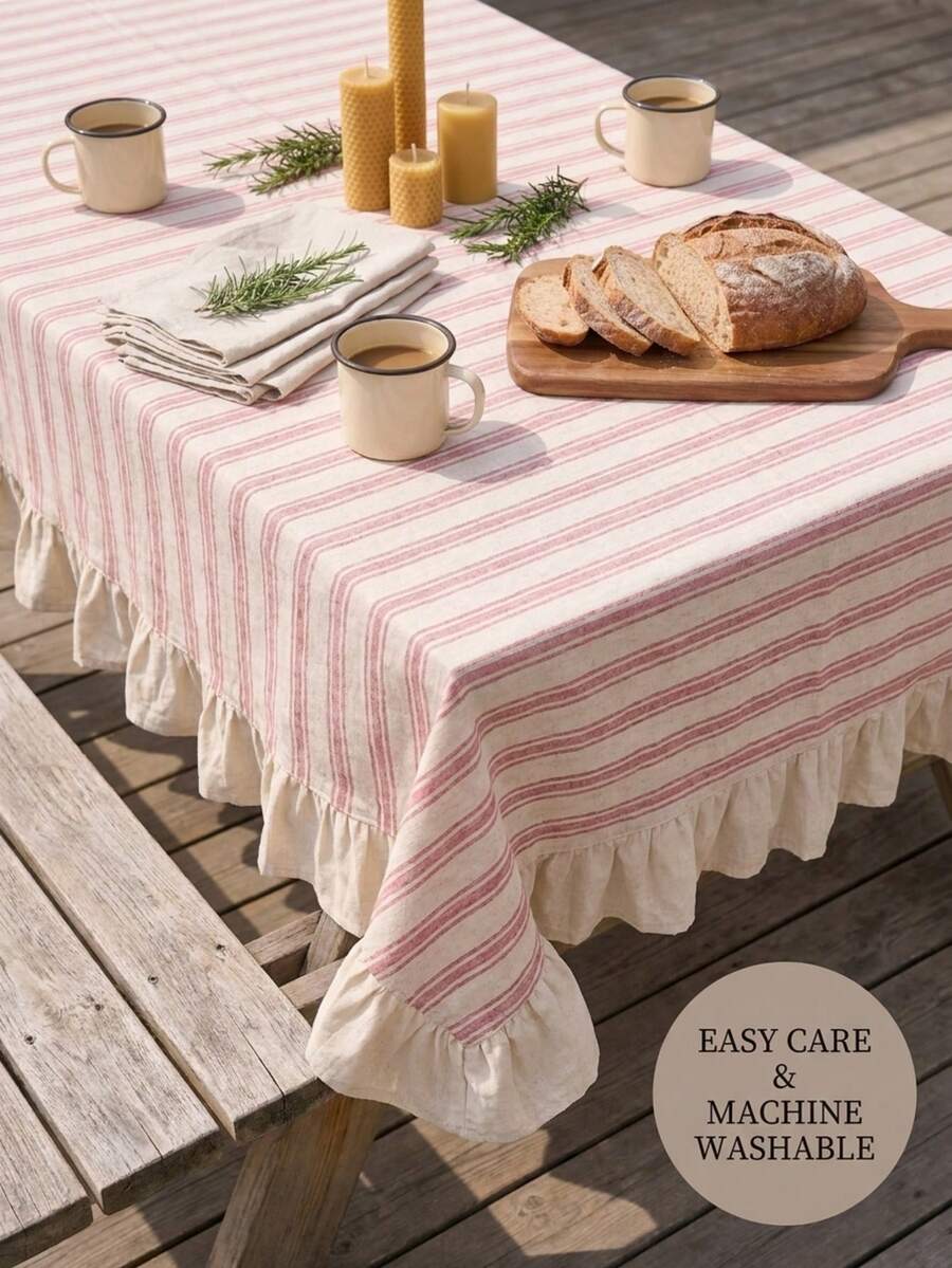 1件裝清新條紋荷葉邊桌布 美式鄉村風極簡裝飾餐桌布 長方形咖啡桌 TV櫃玄關多功能覆蓋布 適用於節日派對生日派對婚禮晚餐桌裝飾 房間裝飾 辦公桌咖啡桌墊 戶外野餐墊 家居裝飾 全季節 - 紅色 - 查看 1