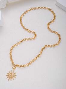 1pc Fashion Punk Casual Versatile Sun Pendant Long Necklace With OT Clasp For Women, Daily, Party, Date, Vacation, Travel, Gift Choice For Girlfriend And Mom - Yellow Gold - View 4