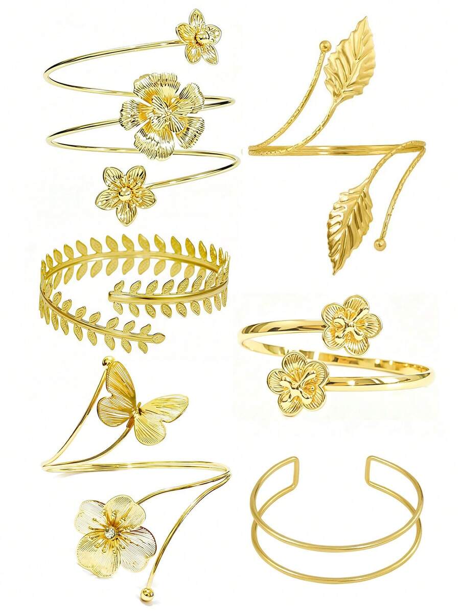 6 Stücke Set exquisite Blumen-Serie Metall-Armreifen, verstellbare Sommer-Blumen-Schmetterling-Blatt-vielseitige Armbänder, einzigartiges geschichtetes Design, geeignet für den täglichen Gebrauch, Zusammenkünfte, Partys, Geschenke - 6 Stück Gold-1 - Übersicht 1