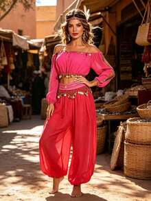 Belly Dance Performance Costume Off-Shoulder Chiffon Top + Coin Harem Pants, Handmade Style Festival Outfit Suitable For Fusion, Exotic Theme Events And Renaissance Fairs (Multiple Colors Available) - Multicolor - View 1