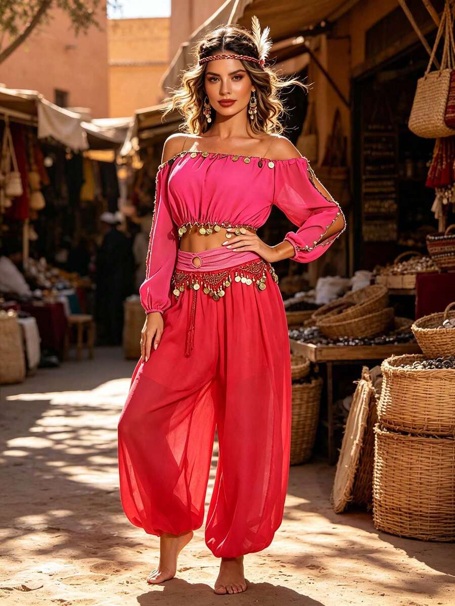 Belly Dance Performance Costume Off-Shoulder Chiffon Top + Coin Harem Pants, Handmade Style Festival Outfit Suitable For Fusion, Exotic Theme Events And Renaissance Fairs (Multiple Colors Available) - Multicolor - View 1
