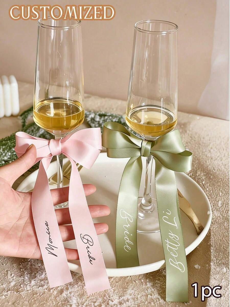 1pc Personalized Wedding Champagne Glass Decor, Vinyl Letter Ribbon, Customized Champagne Glass Ribbon, Ribbon Name Tag, Beverage Name Tag, Wedding Place Card, Customized Wedding Champagne Glass Bow - Multicolor - View 1