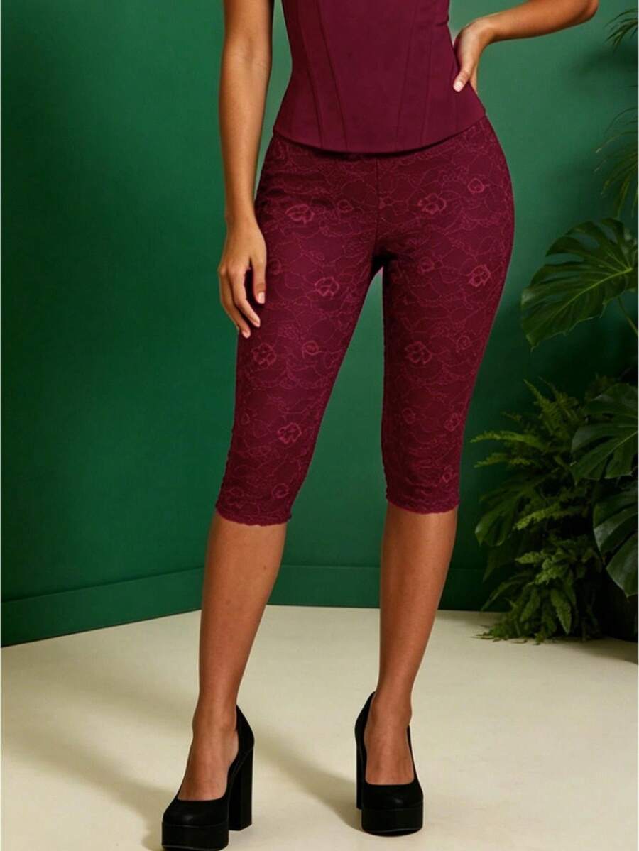 Womens Floral Lace Capri Leggings Double Lined Y2k Going Out Bottoms Rave Pants Cropped Tights - Burgundy - View 1