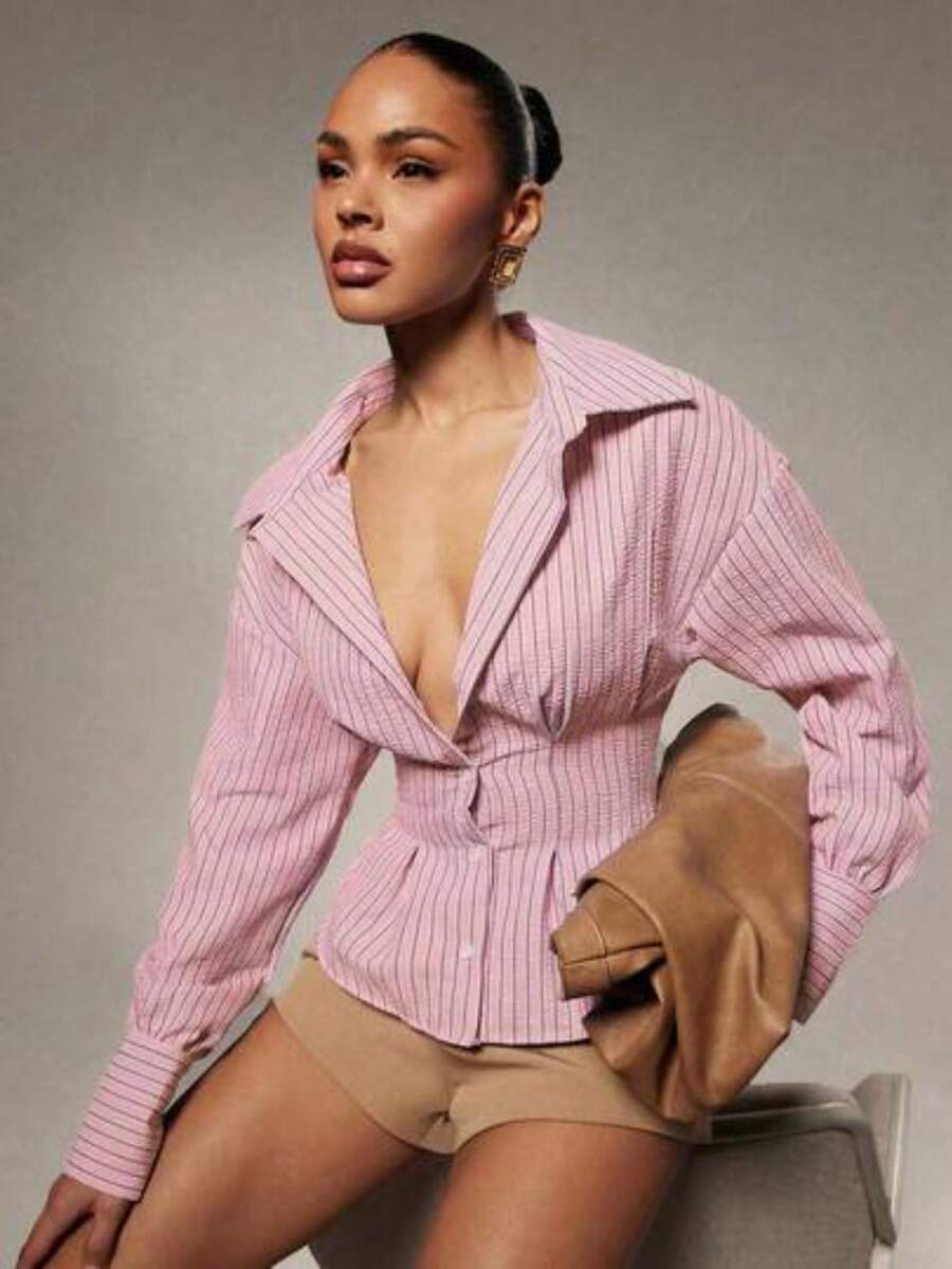 Camisa casual de mujer con botones y cintura ceñida a rayas, otoño - Rosa - Ver 1