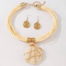 1 Set Bohemian Amber Jewelry Set, Multi-Strand Brown Rope Necklace And Gold Spiral Earrings, Women's Style, Multiple Colors, Party And Vacation Accessories - Jade Color - View 17