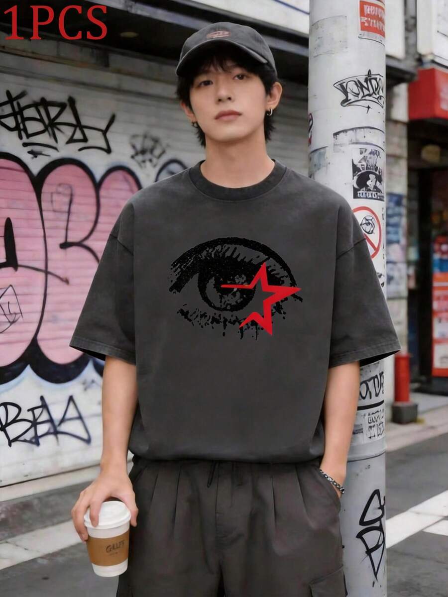 A 230g Heavyweight 100% Cotton Dark American-Style Loose Casual Short-Sleeved T-Shirt With A Small Collar And Distressed Wash Finish. - Black - View 1