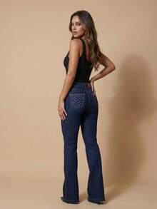 pthirillo Women's Dark Blue Flare Jeans With Butt-Lifting, High Waist And Premium Glitter Rhinestones - 水鑽口袋 前片 後片 - 查看 5