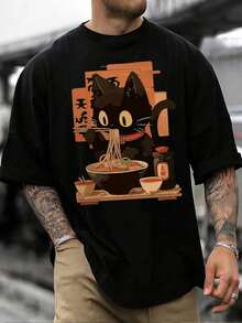 Lindo gato comiendo ramen gráfico - Camiseta de manga corta de algodón estampada para hombre 190gsm 3YDE - Negro - Ver 1