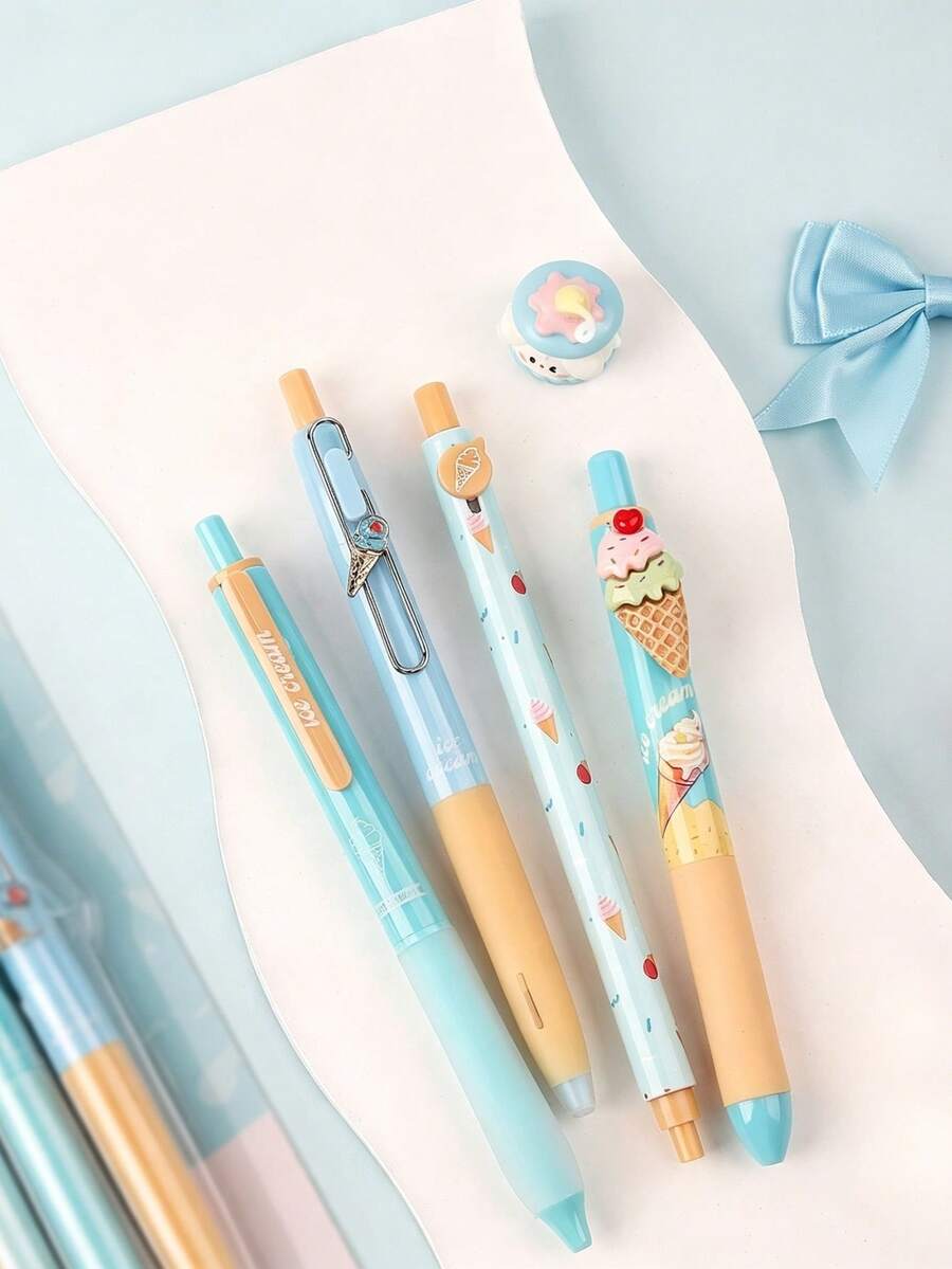 4pcs Cute Ice Cream Pattern Retractable Neutral Pens, 0.5mm ST Dual Ball Pen Tip, Quick-Drying Smooth Writing, Black Ink, Fresh Girly Style, Suitable For School Practice, Note-Taking And Office Signing - Gel Pen - View 1