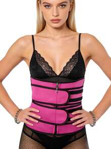 1pc,Triple Strap Neoprene Sauna Waist Trainer Corset, Double Zipper Adjustable Compression Body Shaper, High Sweat Boost Tummy Control Cincher For Fitness Workout Daily Body Shaping S-XXXL Sizes - Hot Pink - View 3
