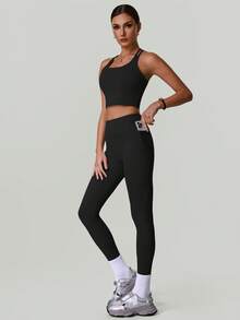 2 Piece Workout Set Women's Round Neck Cross Strap Backless Padding Crop Top Vest Sports Bra And High Waist Tummy Control Pockets Yoga Leggings - Black - View 9