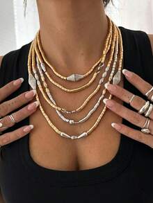 1pc Personalized Exaggerated Ins Metal Bamboo Joint Colorblock Necklace, Fashion Retro Geometric Beaded Layered Jewelry Set - Multicolor - View 5