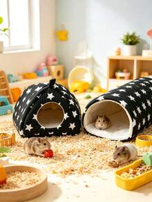 2 piezas Cama para hámster con patrón de estrellas negras, túnel para cobaya, escondite para conejo, nido cálido lavable para mascotas pequeñas con túnel para cobaya, set de accesorios para jaula de escondite para conejo, adecuado para hámsters, hurones, conejos - Negro - Ver 6