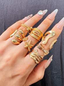 Juego de 7 piezas de anillos de diseño exquisito, de moda, vintage, único y versátil con motivos de concha, lazo y geométricos, joyería para mujer para uso diario, vacaciones, fiestas y regalo - Multicolor - Ver 10