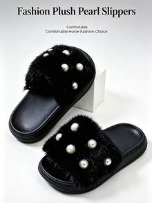 1 Pair Winter Girls Fashion Faux Pearl Style Home Slippers, EVA Ultra-Light Sole Design, Slip-On Home Slippers, Easy To Put On And Take Off - Black - View 1