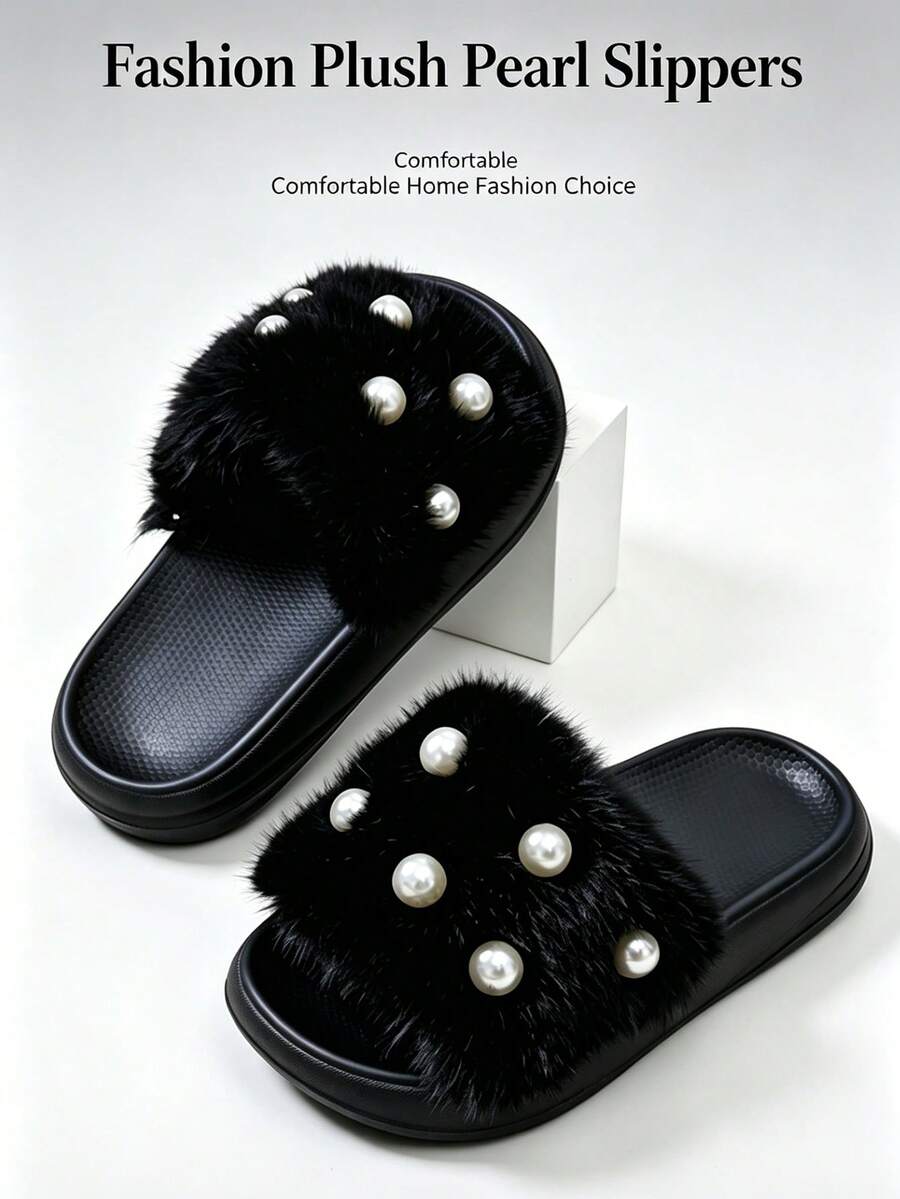 1 Pair Winter Girls Fashion Faux Pearl Style Home Slippers, EVA Ultra-Light Sole Design, Slip-On Home Slippers, Easy To Put On And Take Off - Black - View 1